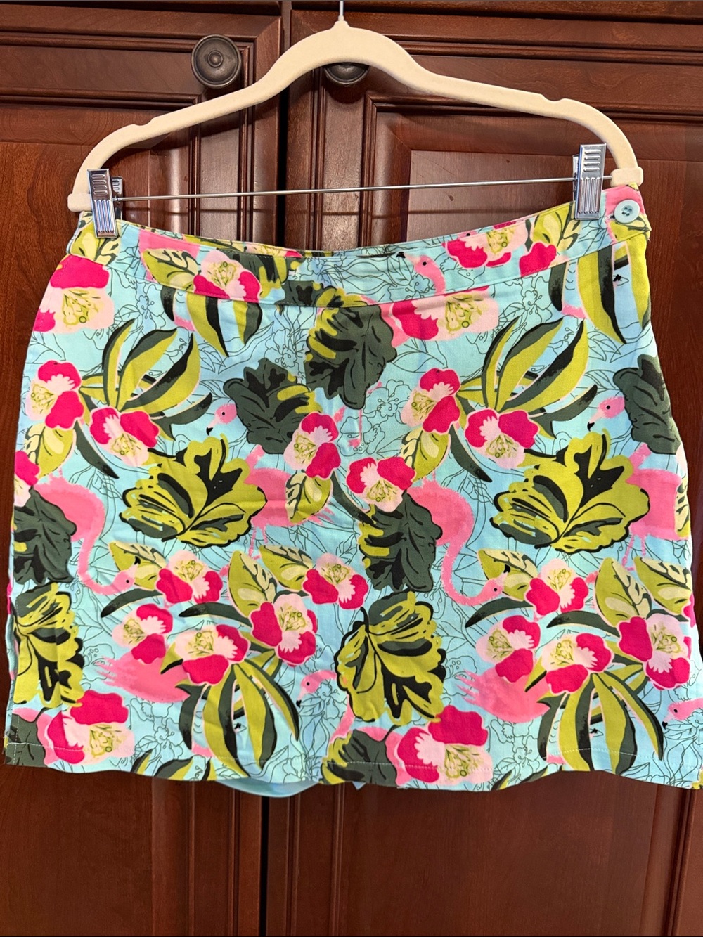 Allyson Whitmore Golf Sz 14 Mini Skort with Pink & Lime Tropical Flamingo Print